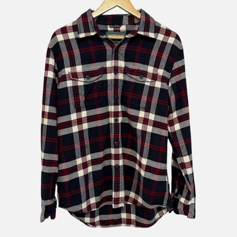 American Eagle Men's Medium Navy Maroon Plaid Button-Up Casual Cotton Shirt